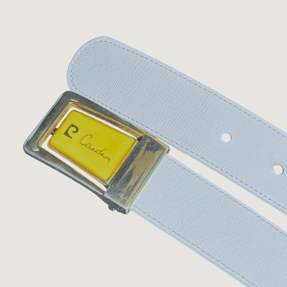VTG Pierre Cardin Belt White Glazed Steerhide Leather Yellow Inlay ITALY 36